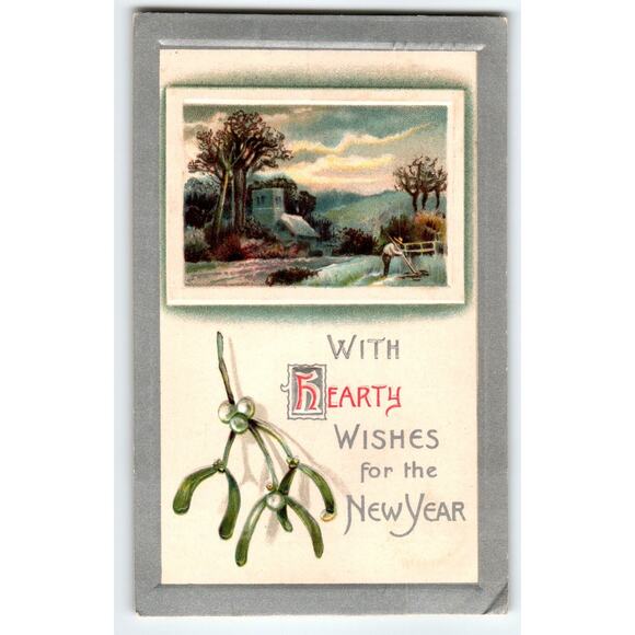 Vintage 1910 New Year Postcard With Mistletoe & Scenic Farm Lithograph - Picture 1 of 2